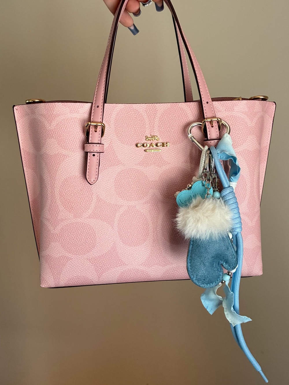Fashion Jewelry Pink Tote Bag Charm with Light Blue Pom & Suede Accent